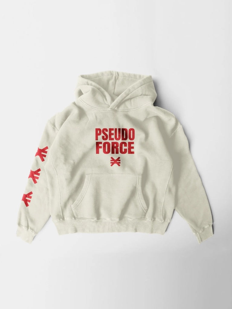 Cream-colored hoodie laid flat on a white background. Front of the hoodie features red text reading ‘Pseudo Force’ with a Pseudo Force symbol printed below and matching red symbols printed down the sleeve.