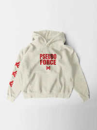 Cream-colored hoodie laid flat on a white background. Front of the hoodie features red text reading ‘Pseudo Force’ with a Pseudo Force symbol printed below and matching red symbols printed down the sleeve.