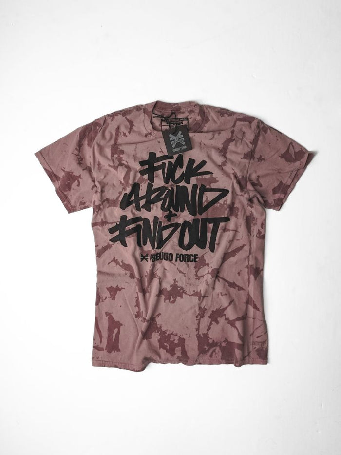 Image of Fuck Around and Find Out from Pseudo Force Gym clothes in bold black font on pink tie dye shirt.
