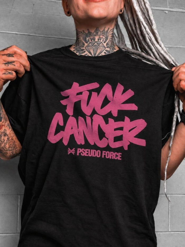 woman wearing fuck cancer black shirt in pink writing. pseudo force name and logo under fuck cancer. 