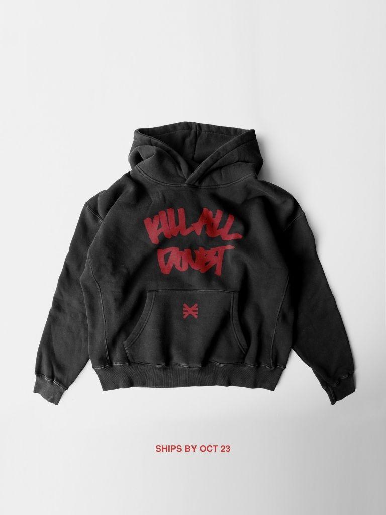 black hoodie on white background with kill all doubt in red font. pseudo force logo on pocket