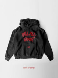 black hoodie on white background with kill all doubt in red font. pseudo force logo on pocket