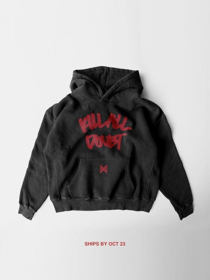 black hoodie on white background with kill all doubt in red font. pseudo force logo on pocket