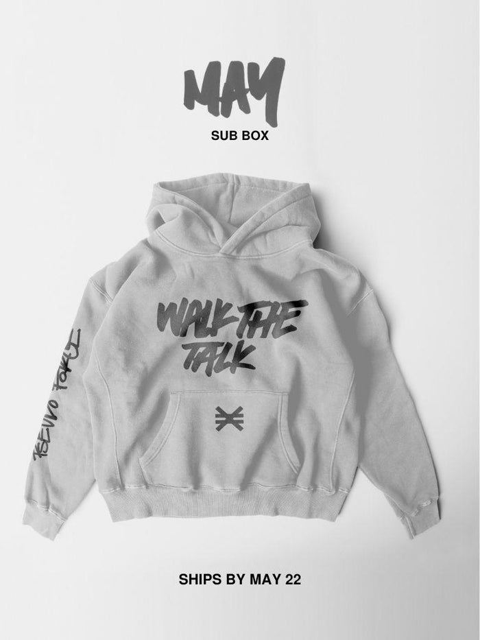 neutral hoodie with walk the talk hand writing on front. pseudo force logo on pocket and pseudo force hand written on right arm.