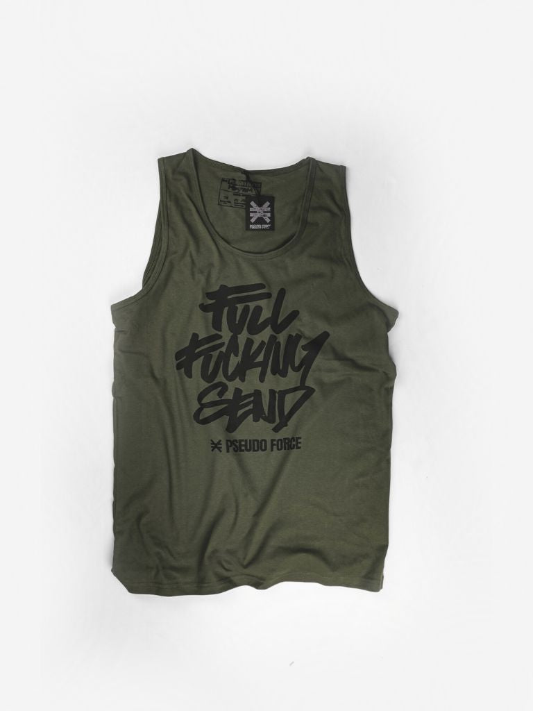 olive green tank top with black ink saying full fucking send from pseudo force gym clothes