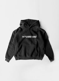 Black hoodie with 'Pseudo Force' logo on a white background