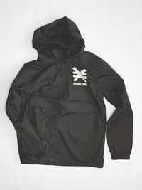 Black anorak jacket with a hood and a white logo on the chest.