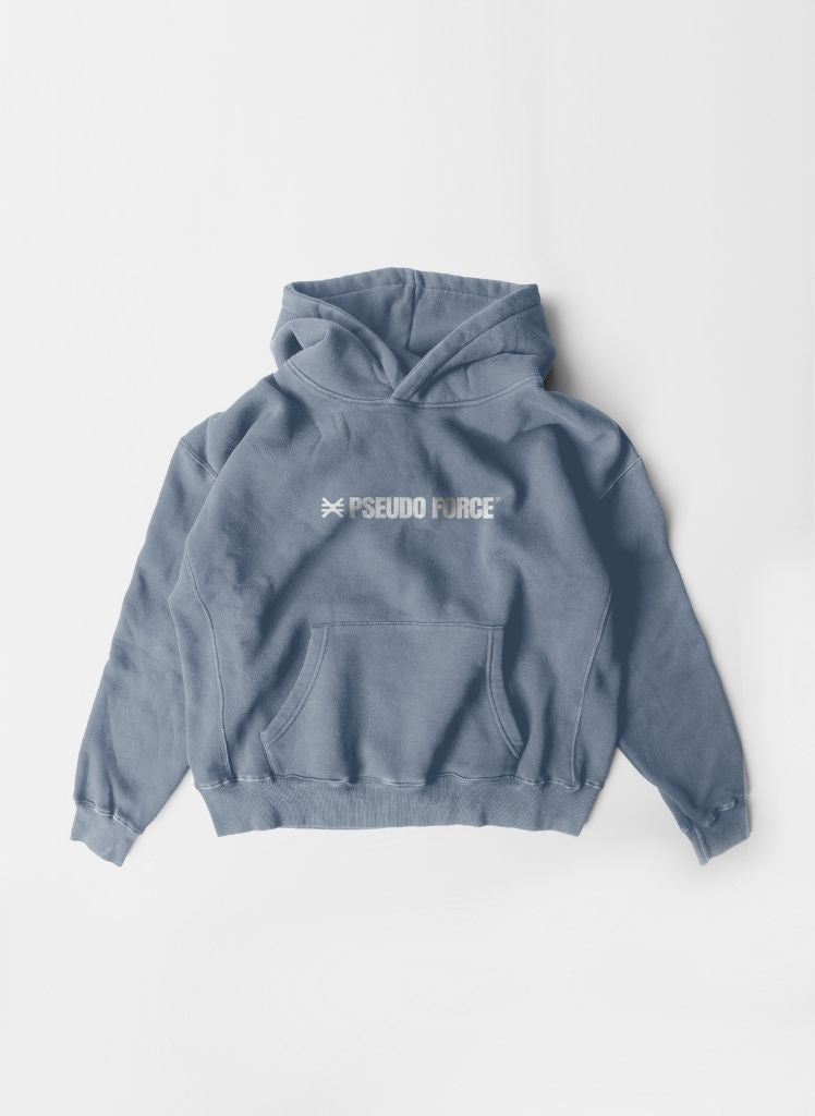 Blue hoodie with 'Pseudo Force' logo on a white background