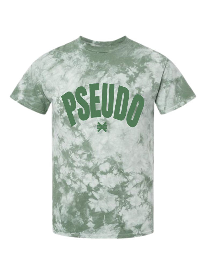 Green tie-dye t-shirt with 'PSEUDO' printed on it against a white background