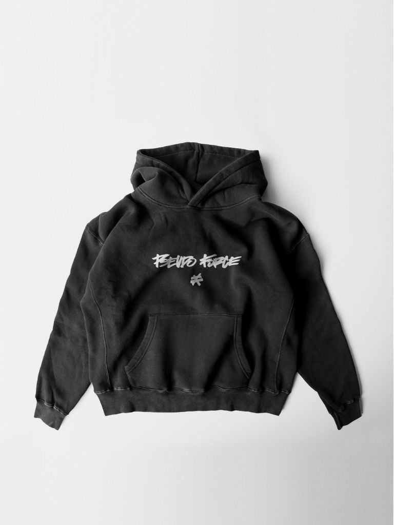 Black hoodie laid flat on a white background. Front of the hoodie features a small ‘Pseudo Force’ logo in white handwritten-style lettering centered on the chest above the front pocket.