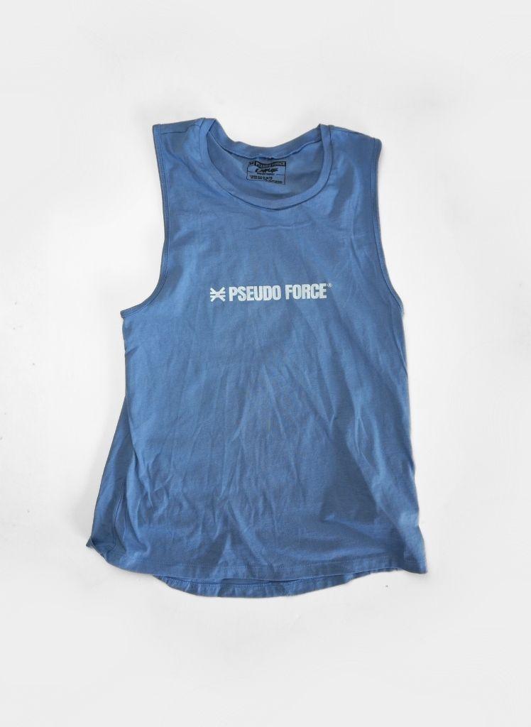 Blue sleeveless shirt with 'Pseudo Force' logo on a white background