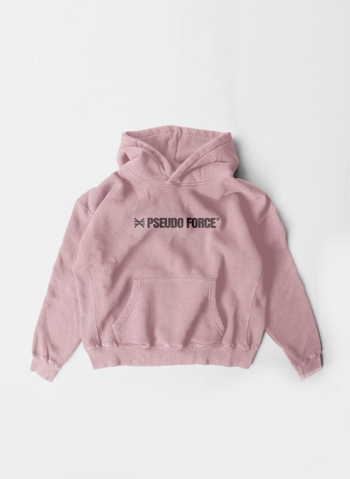 Pink hoodie with 'Pseudo Force' text on a white background
