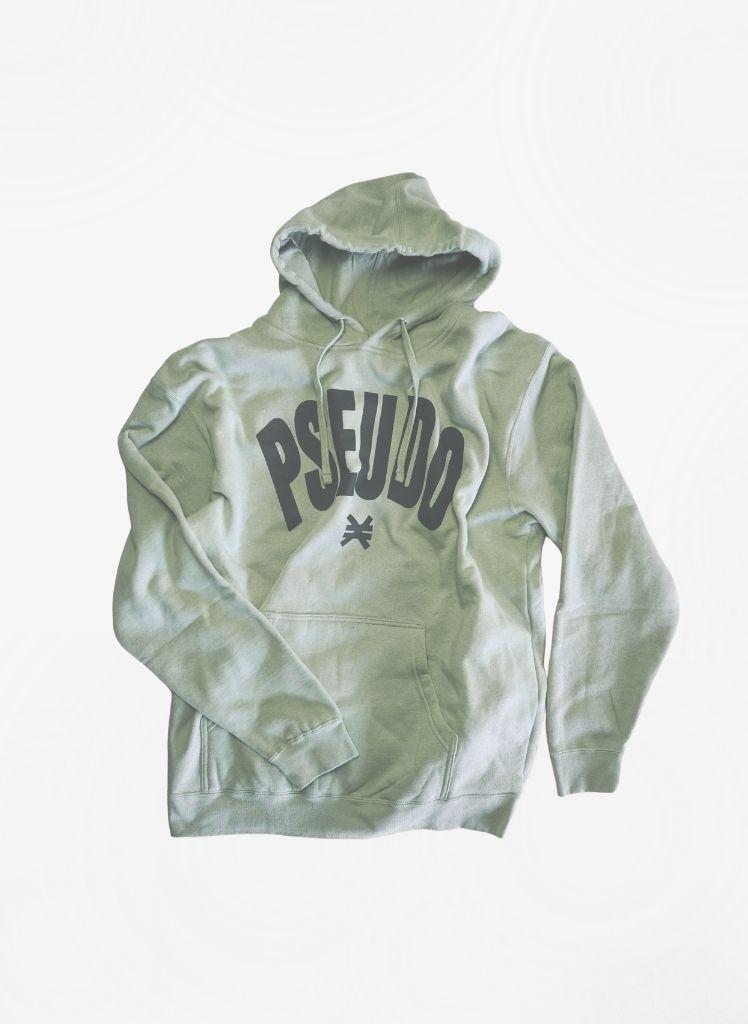 Light green sage hoodie with 'PSEUDOP' text on a white background