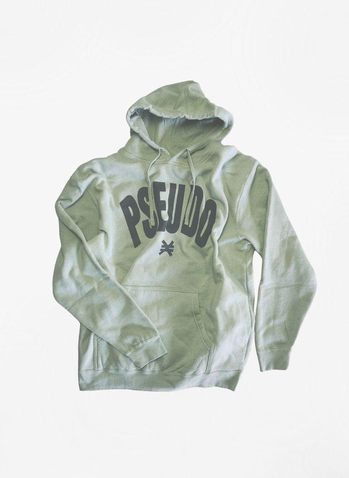 Light green sage hoodie with 'PSEUDOP' text on a white background