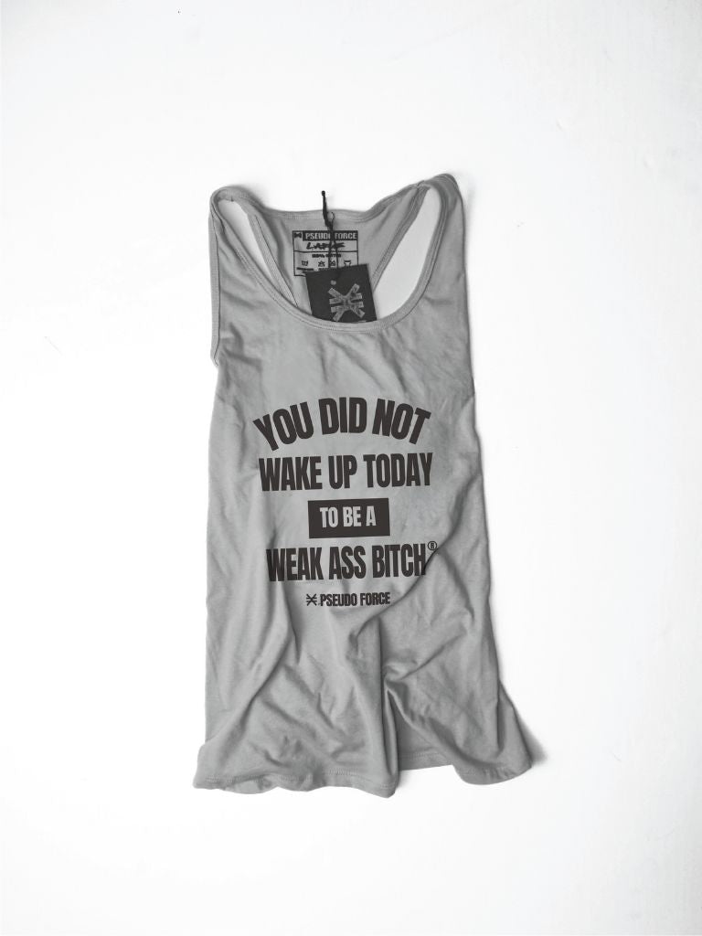 Gray tank top with black motivational gym quote on a white background