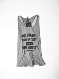 Gray tank top with black motivational gym quote on a white background