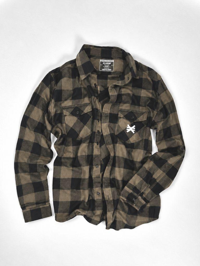 brown buffalo flannel button up on white background with pseudo force logo on left pocket in white