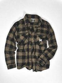 brown buffalo flannel button up on white background with pseudo force logo on left pocket in white