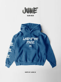 Blue hoodie with text on a white background