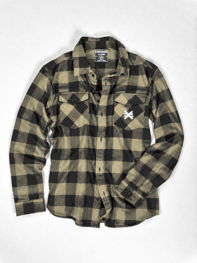 light olive green buffalo flannel button up on white background with pseudo force logo on left pocket in white